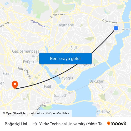 Boğaziçi Üniversitesi to Yıldız Technical University (Yıldız Teknik Üniversitesi) map