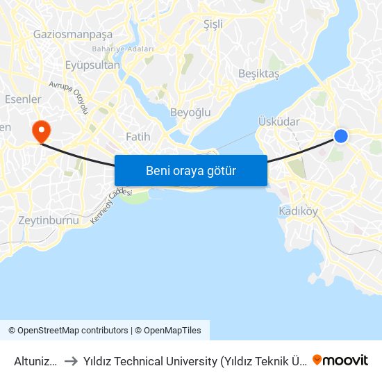 Altunizade to Yıldız Technical University (Yıldız Teknik Üniversitesi) map