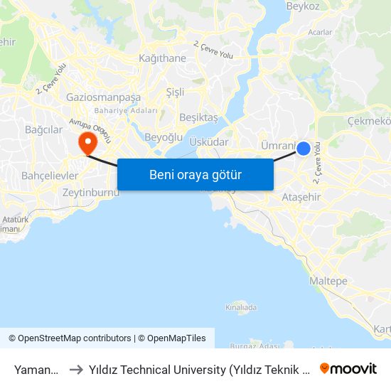 Yamanevler to Yıldız Technical University (Yıldız Teknik Üniversitesi) map