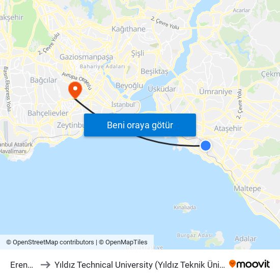 Erenköy to Yıldız Technical University (Yıldız Teknik Üniversitesi) map
