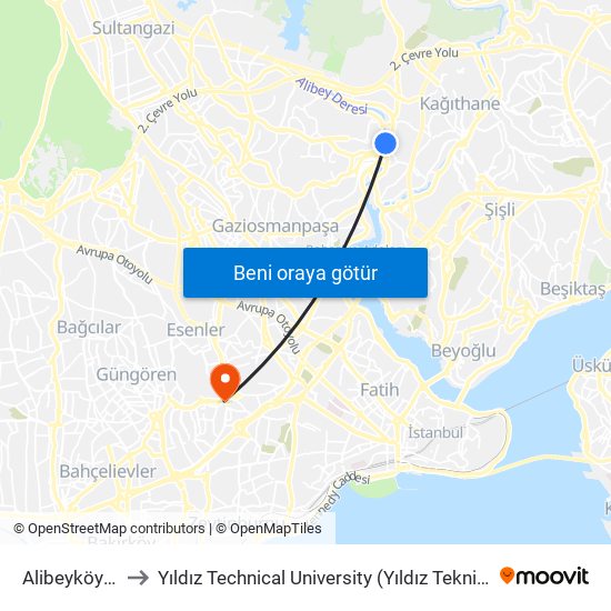 Alibeyköy (M7) to Yıldız Technical University (Yıldız Teknik Üniversitesi) map