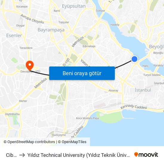 Cibali to Yıldız Technical University (Yıldız Teknik Üniversitesi) map