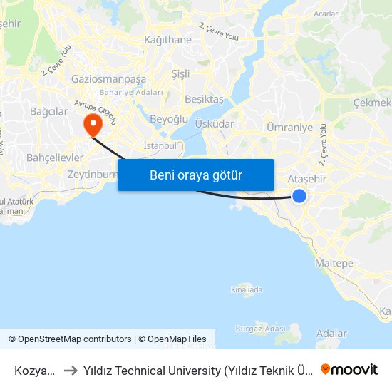 Kozyatağı to Yıldız Technical University (Yıldız Teknik Üniversitesi) map