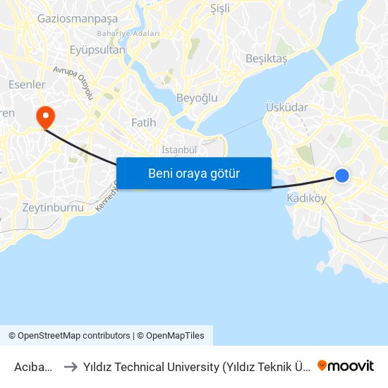 Acıbadem to Yıldız Technical University (Yıldız Teknik Üniversitesi) map