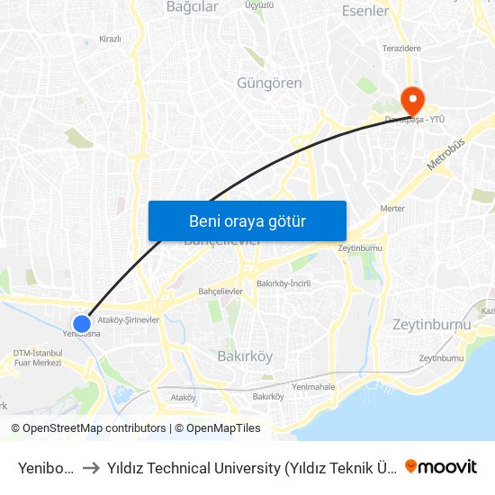 Yenibosna to Yıldız Technical University (Yıldız Teknik Üniversitesi) map