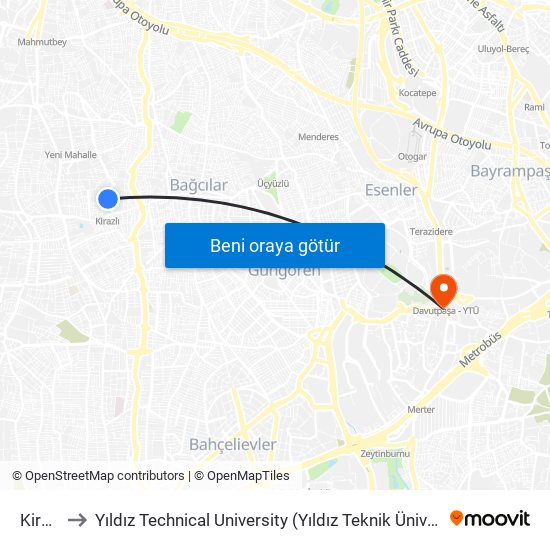 Kirazlı to Yıldız Technical University (Yıldız Teknik Üniversitesi) map