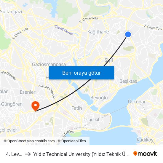 4. Levent to Yıldız Technical University (Yıldız Teknik Üniversitesi) map