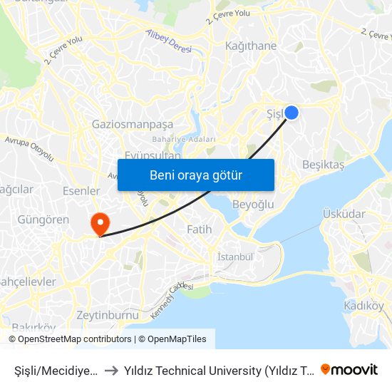 Şişli/Mecidiyeköy (M2) to Yıldız Technical University (Yıldız Teknik Üniversitesi) map