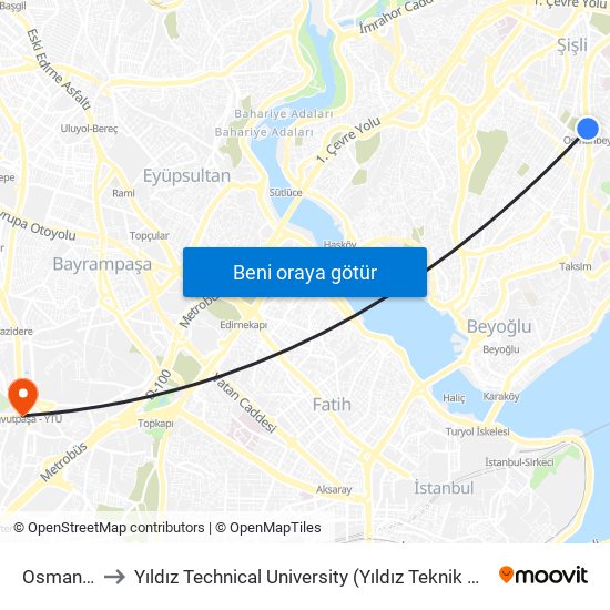 Osmanbey to Yıldız Technical University (Yıldız Teknik Üniversitesi) map