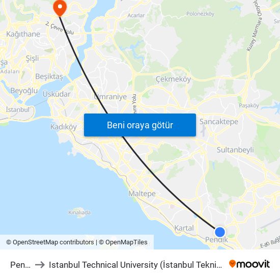 Pendik to Istanbul Technical University (İstanbul Teknik Üniversitesi) map
