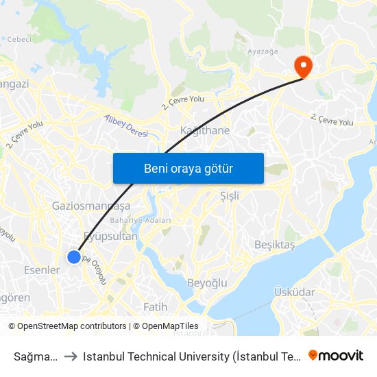 Sağmalcılar to Istanbul Technical University (İstanbul Teknik Üniversitesi) map