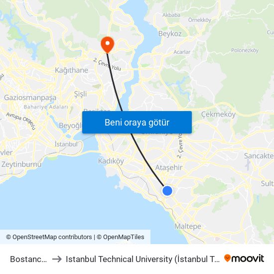 Bostancı (M4) to Istanbul Technical University (İstanbul Teknik Üniversitesi) map