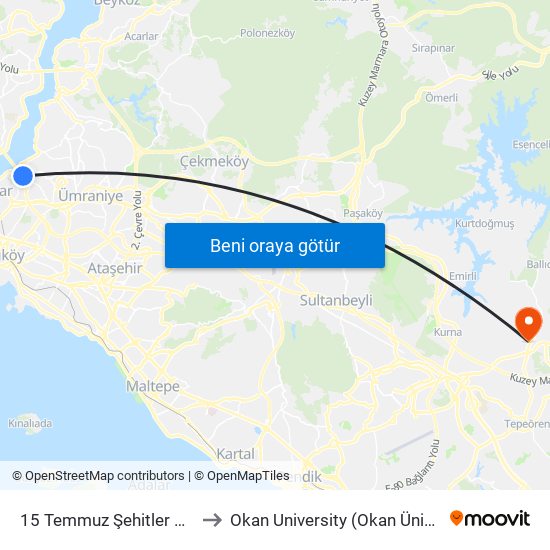 15 Temmuz Şehitler Köprüsü to Okan University (Okan Üniversitesi) map