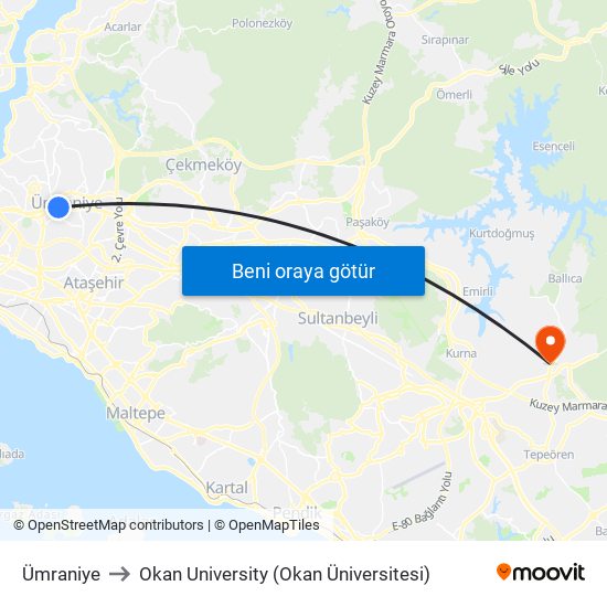 Ümraniye to Okan University (Okan Üniversitesi) map