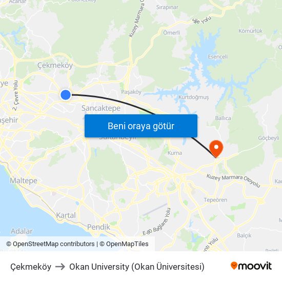 Çekmeköy to Okan University (Okan Üniversitesi) map