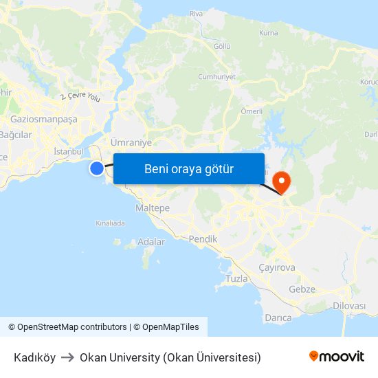 Kadıköy to Okan University (Okan Üniversitesi) map
