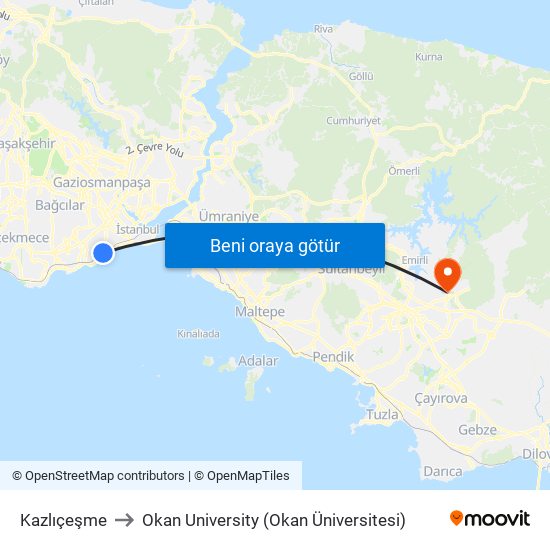 Kazlıçeşme to Okan University (Okan Üniversitesi) map