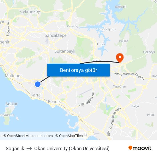 Soğanlık to Okan University (Okan Üniversitesi) map