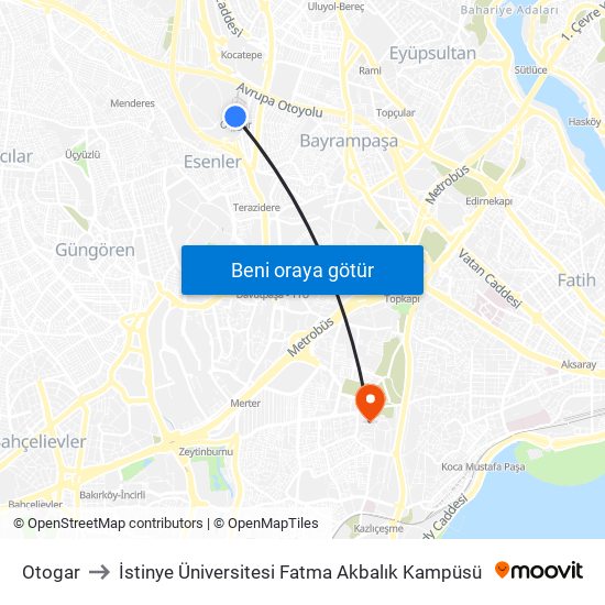 Otogar to İstinye Üniversitesi Fatma Akbalık Kampüsü map