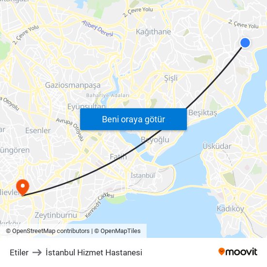 Etiler to İstanbul Hizmet Hastanesi map