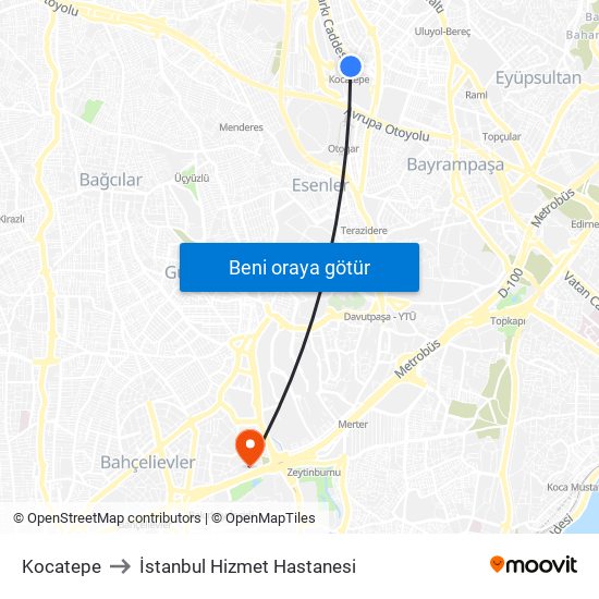 Kocatepe to İstanbul Hizmet Hastanesi map