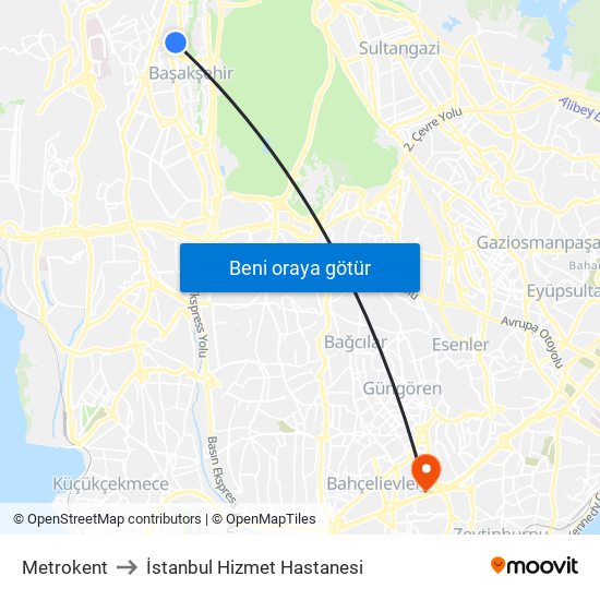 Metrokent to İstanbul Hizmet Hastanesi map