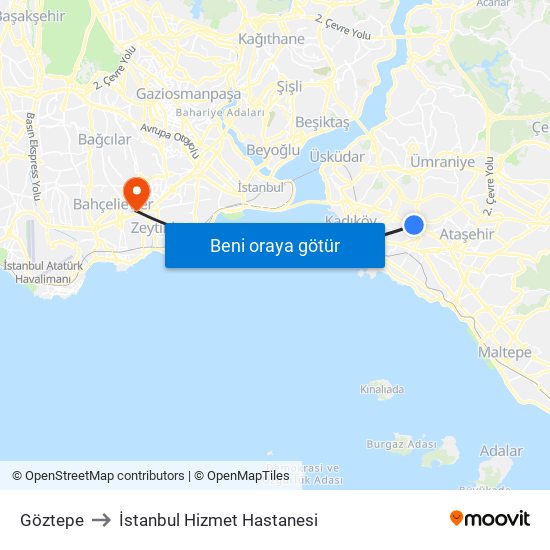 Göztepe to İstanbul Hizmet Hastanesi map