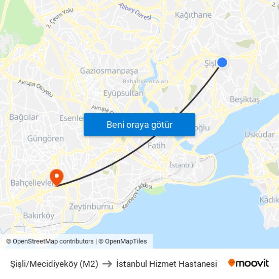 Şişli/Mecidiyeköy (M2) to İstanbul Hizmet Hastanesi map