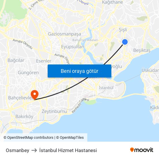 Osmanbey to İstanbul Hizmet Hastanesi map