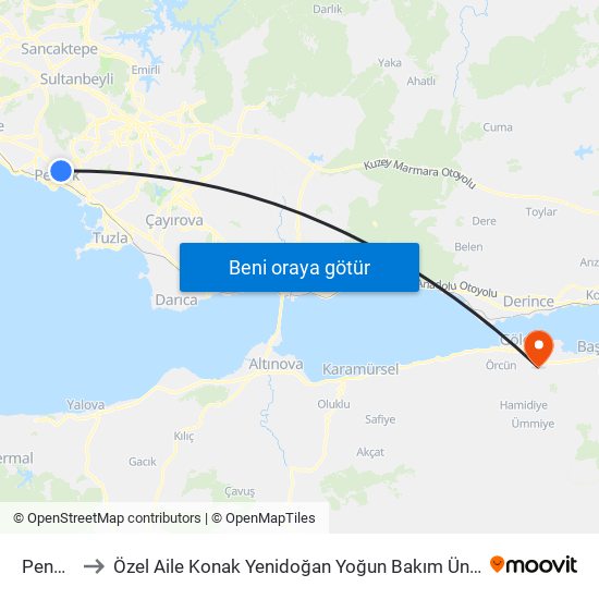 Pendik to Özel Aile Konak Yenidoğan Yoğun Bakım Ünitesi map