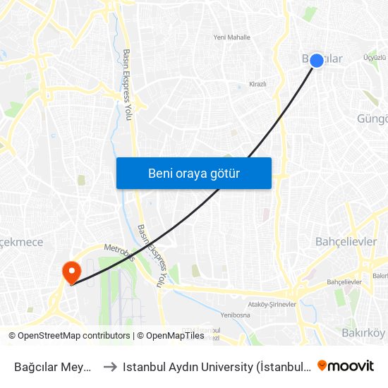 Bağcılar Meydan (M1b) to Istanbul Aydın University (İstanbul Aydın Üniversitesi) map