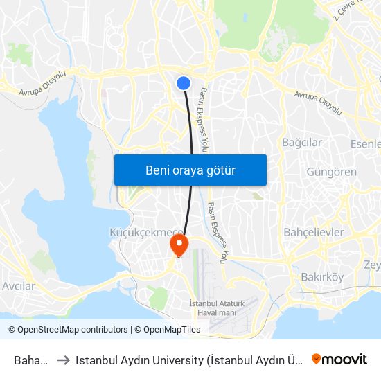 Bahariye to Istanbul Aydın University (İstanbul Aydın Üniversitesi) map