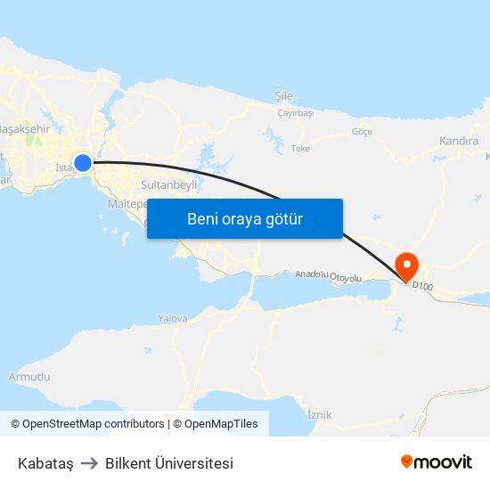 Kabataş to Bilkent Üniversitesi map