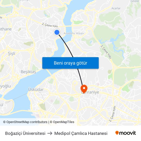 Boğaziçi Üniversitesi to Medipol Çamlıca Hastanesi map