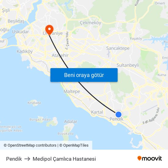 Pendik to Medipol Çamlıca Hastanesi map