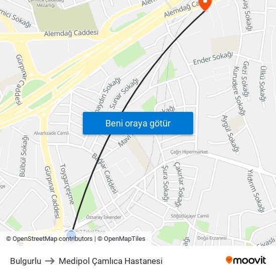 Bulgurlu to Medipol Çamlıca Hastanesi map