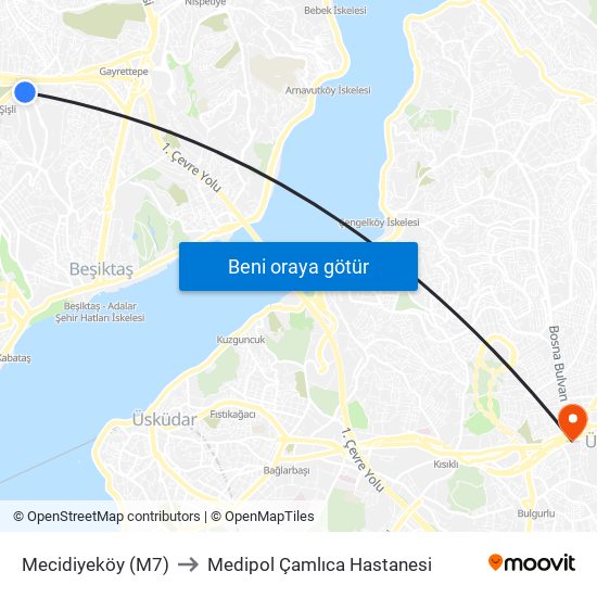 Mecidiyeköy (M7) to Medipol Çamlıca Hastanesi map