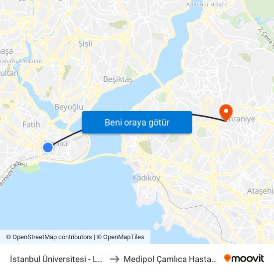 İstanbul Üniversitesi - Laleli to Medipol Çamlıca Hastanesi map