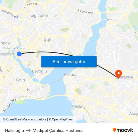 Halıcıoğlu to Medipol Çamlıca Hastanesi map