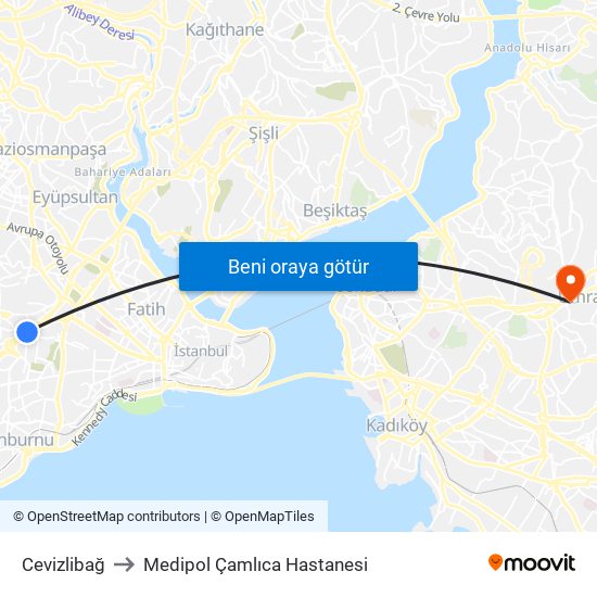 Cevizlibağ to Medipol Çamlıca Hastanesi map