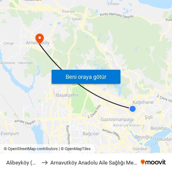 Alibeyköy (M7) to Arnavutköy Anadolu Aile Sağlığı Merkezi map