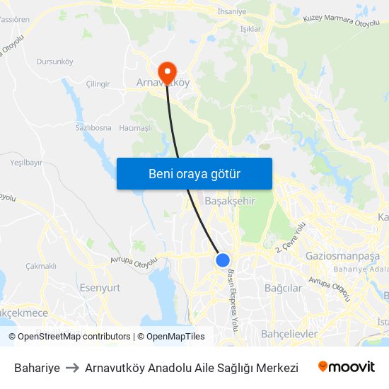 Bahariye to Arnavutköy Anadolu Aile Sağlığı Merkezi map