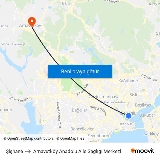 Şişhane to Arnavutköy Anadolu Aile Sağlığı Merkezi map