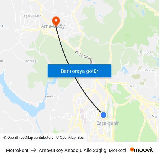 Metrokent to Arnavutköy Anadolu Aile Sağlığı Merkezi map