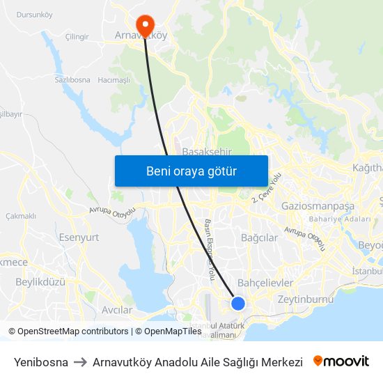 Yenibosna to Arnavutköy Anadolu Aile Sağlığı Merkezi map