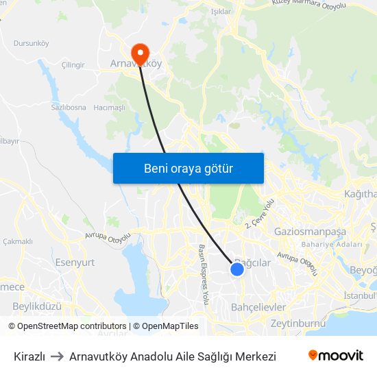 Kirazlı to Arnavutköy Anadolu Aile Sağlığı Merkezi map