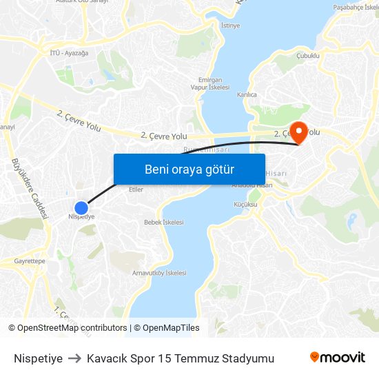 Nispetiye to Kavacık Spor 15 Temmuz Stadyumu map