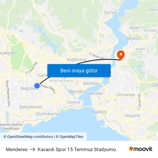 Menderes to Kavacık Spor 15 Temmuz Stadyumu map