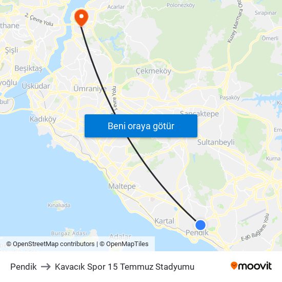 Pendik to Kavacık Spor 15 Temmuz Stadyumu map