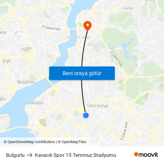 Bulgurlu to Kavacık Spor 15 Temmuz Stadyumu map